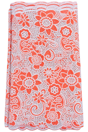 Coral & White Floral Embroidered Lace Fabric (5 Yards)
